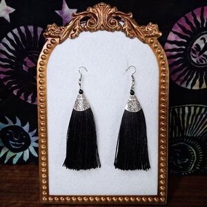 Black Tassel Earrings Silver Hardware French Hook Fish Hook Silky